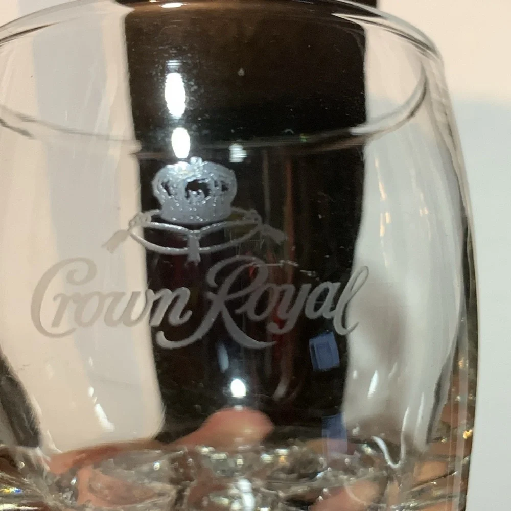 1990s Crown Royal Branded Bar 4 Glasses Etched Rocks  Glass Heavy Bottom Barware